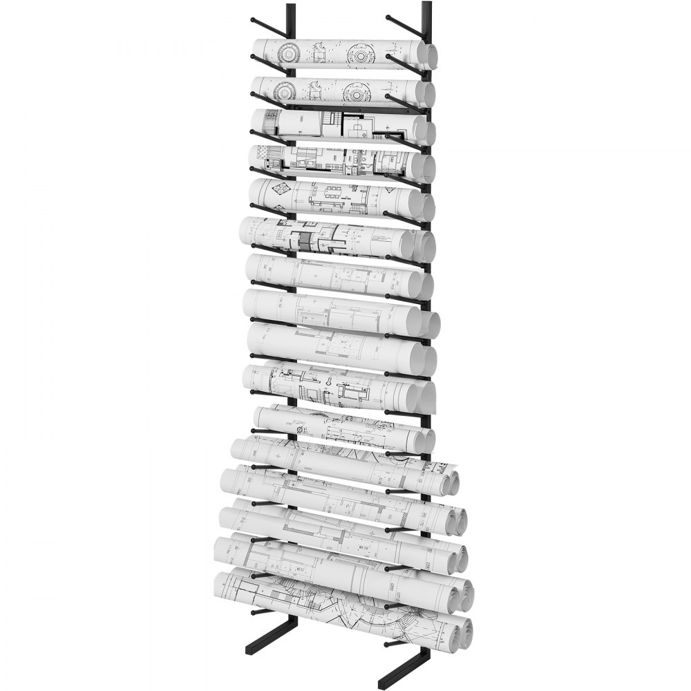 VEVOR blueprint storage rack holding multiple rolled architectural plans on a black metal frame.