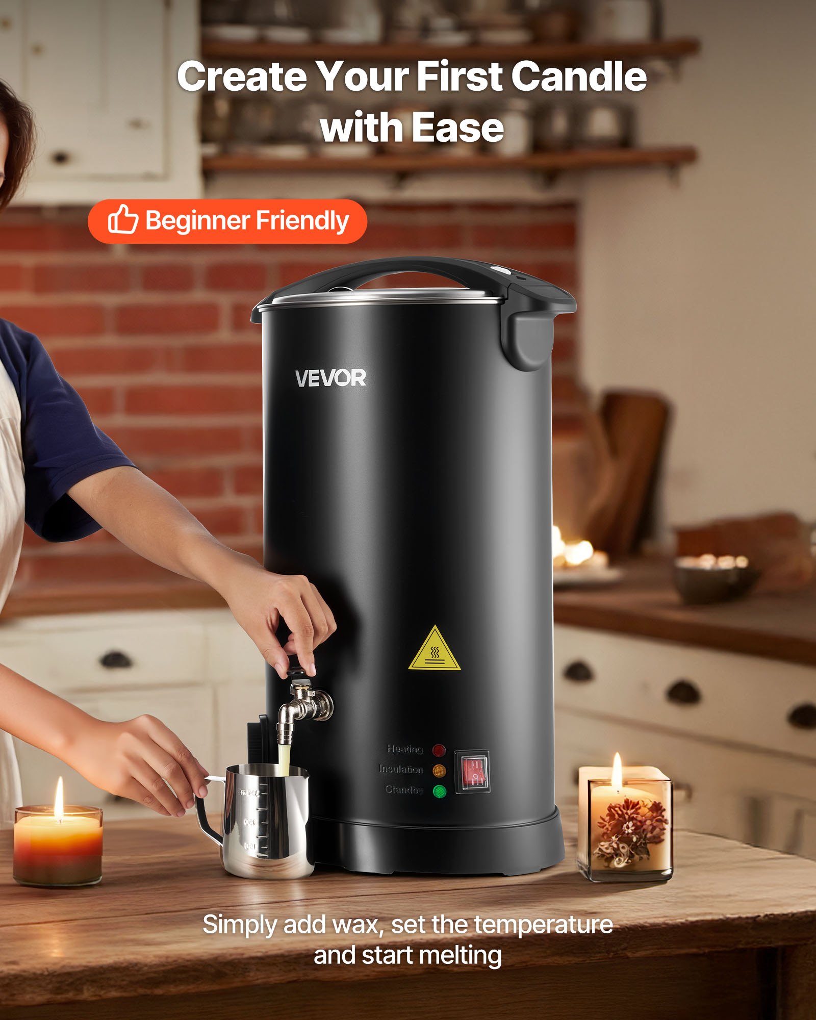 VEVOR Wax Melter for Candle Making, 15.9 Qts, Fast and Even Heating, with Easy Pour Spout and Temperature Control, Hourglass Base for Non-Stick Smooth Flow, Wax Melting Pot for Making Candles Soaps