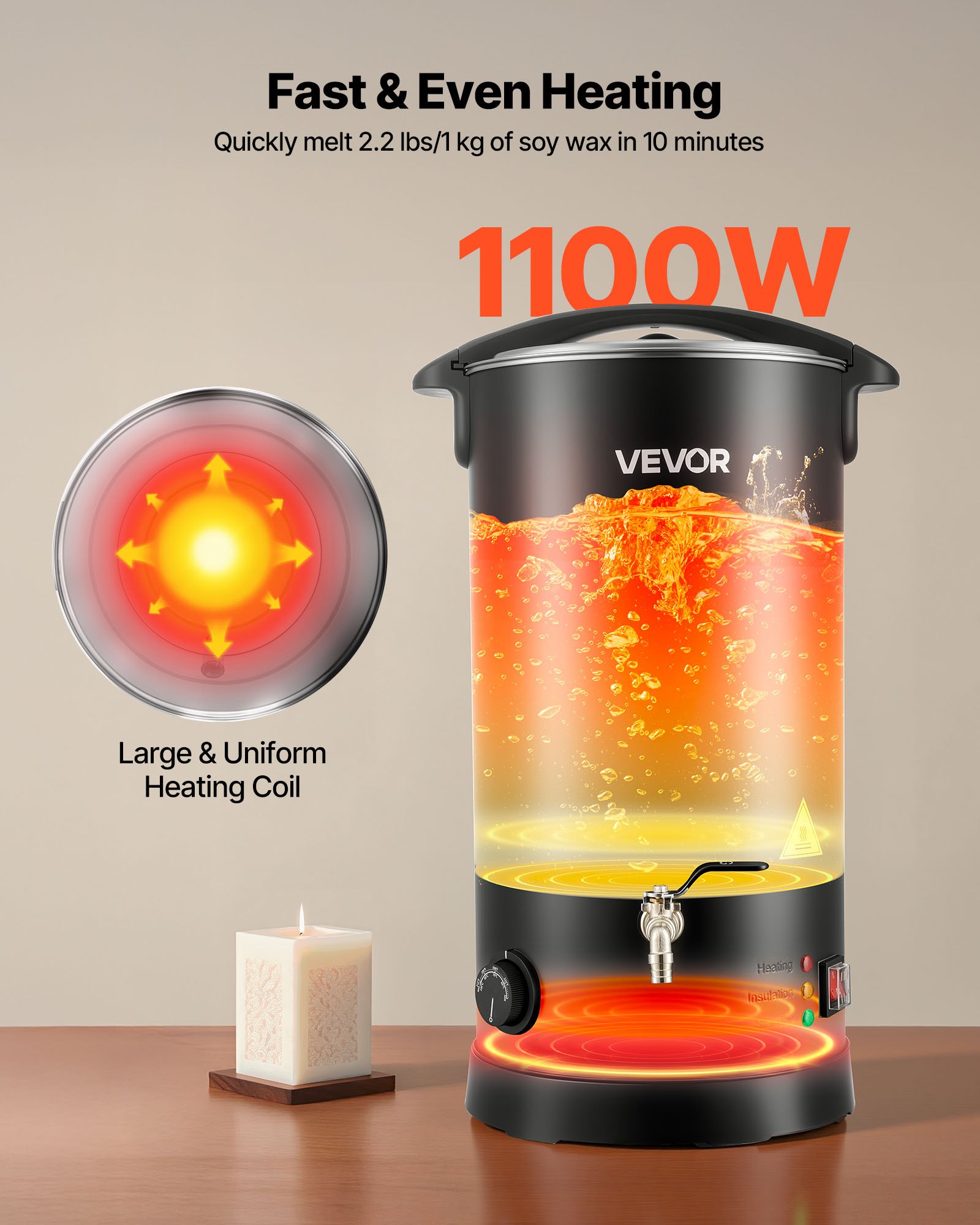 VEVOR Wax Melter for Candle Making, 15.9 Qts, Fast and Even Heating, with Easy Pour Spout and Temperature Control, Hourglass Base for Non-Stick Smooth Flow, Wax Melting Pot for Making Candles Soaps