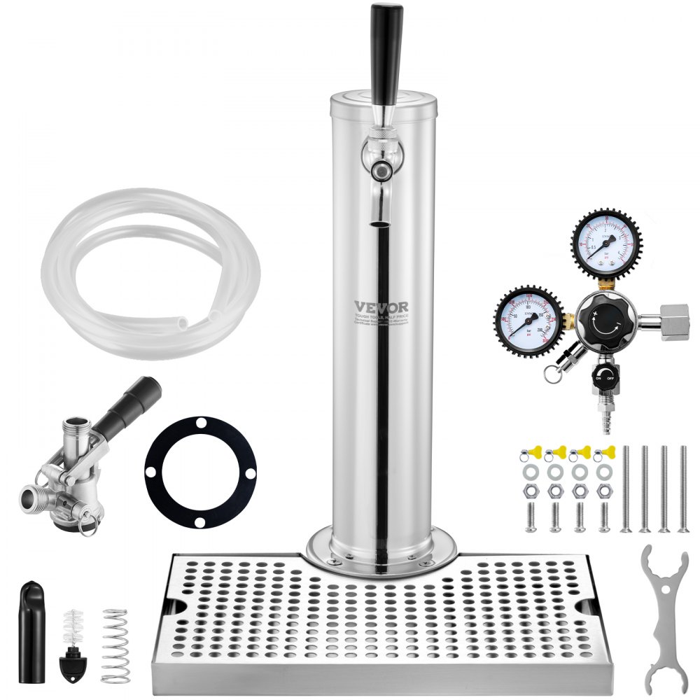 Kit kegerator VEVOR con torre de grifo de acero, bandeja de goteo, regulador de CO2, manguera y accesorios de instalación.