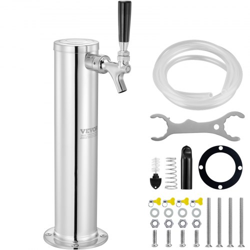 VEVOR Single Faucet Draft Beer Tower Dispenser, Stainless Steel Keg Beer Tower, Kegerator Tower Kit with Pre-Assembled Tubing and Self-Closing Faucet Shank for Party, Bar, Pub, Restaurant