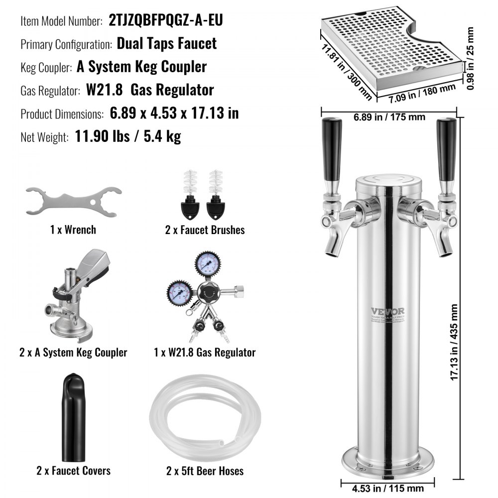 VEVOR Kegerator Tower Kit, Dual Taps Beer Conversion Kit, Stainless Steel Keg Beer Tower Dispenser with Dual Gauge W21.8 Regulator & A-System Keg Coupler, Beer Drip Tray for Party Home