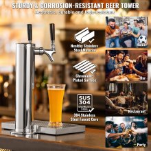 VEVOR Kegerator Tower Kit, Dual Taps Beer Conversion Kit, Stainless Steel Keg Beer Tower Dispenser with Dual Gauge W21.8 Regulator & S-System Keg Coupler, Beer Drip Tray for Party Home