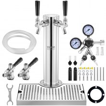 VEVOR Kegerator Tower Kit, Dual Taps Beer Conversion Kit, Stainless Steel Keg Beer Tower Dispenser with Dual Gauge W21.8 Regulator & S-System Keg Coupler, Beer Drip Tray for Party Home