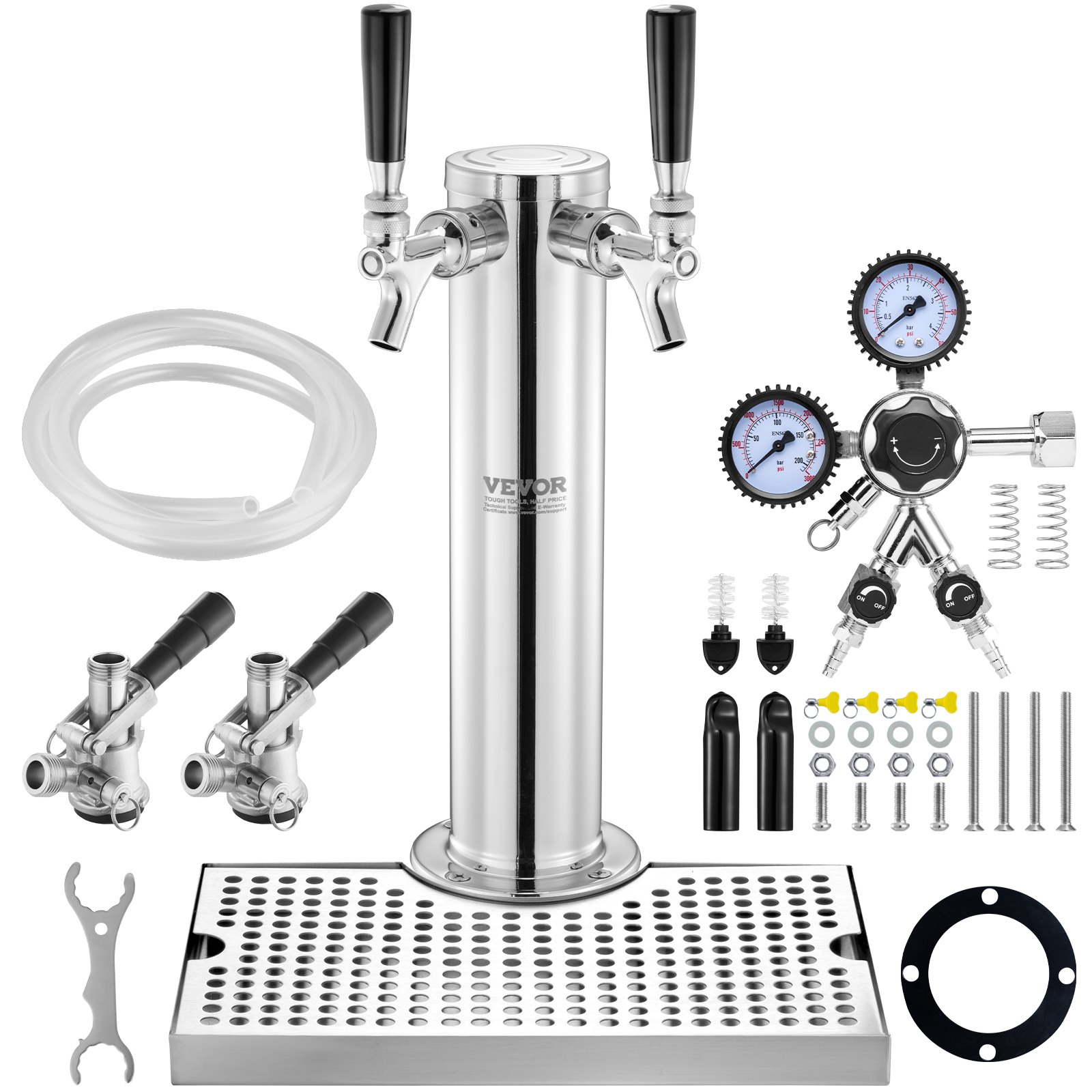VEVOR Kegerator Tower Kit, Dual Taps Beer Conversion Kit, Stainless Steel Keg Beer Tower Dispenser with Dual Gauge W21.8 Regulator & S-System Keg Coupler, Beer Drip Tray for Party Home