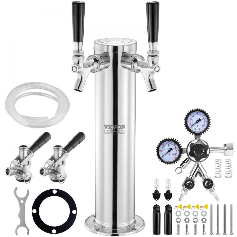 VEVOR Kegerator Tower Kit, Dual Taps Beer Conversion Kit, Stainless Steel Keg Beer Tower Dispenser with Dual Gauge CGA320 Regulator & D-System Keg Coupler, Self-Closing Spring for Party Bar Home