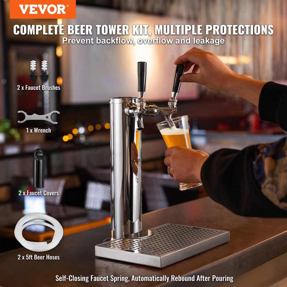 VEVOR dual taps draft beer tower complete beer tower kit with faucets, wrench, brushes, and hoses.