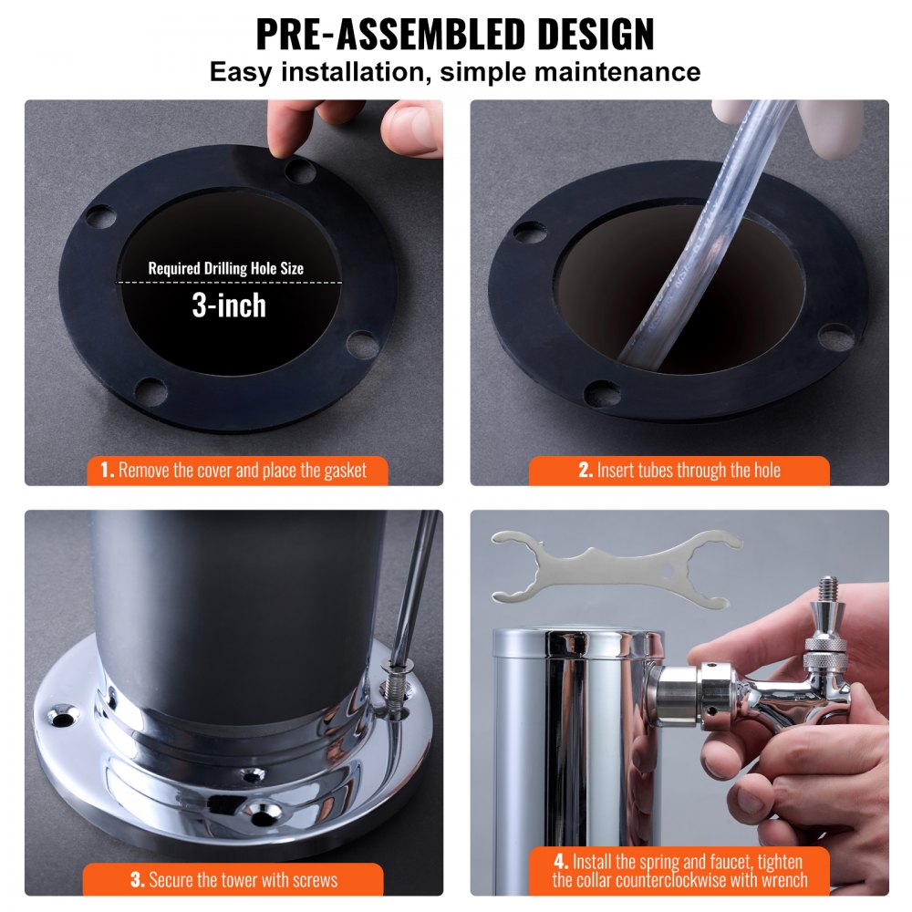 installation steps for VEVOR dual taps draft beer tower with gasket, tubes, screws, and tightening faucet.