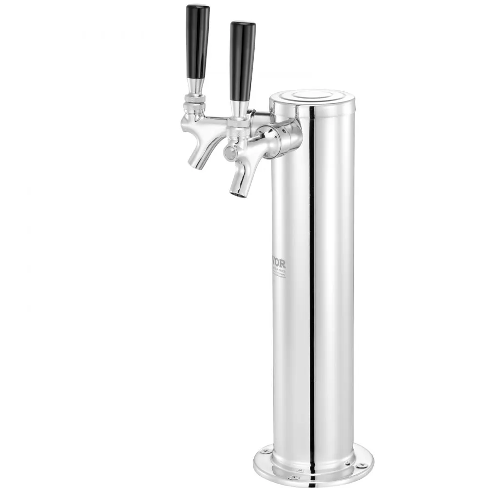 polished stainless steel VEVOR dual taps draft beer tower with black handles on a white background.