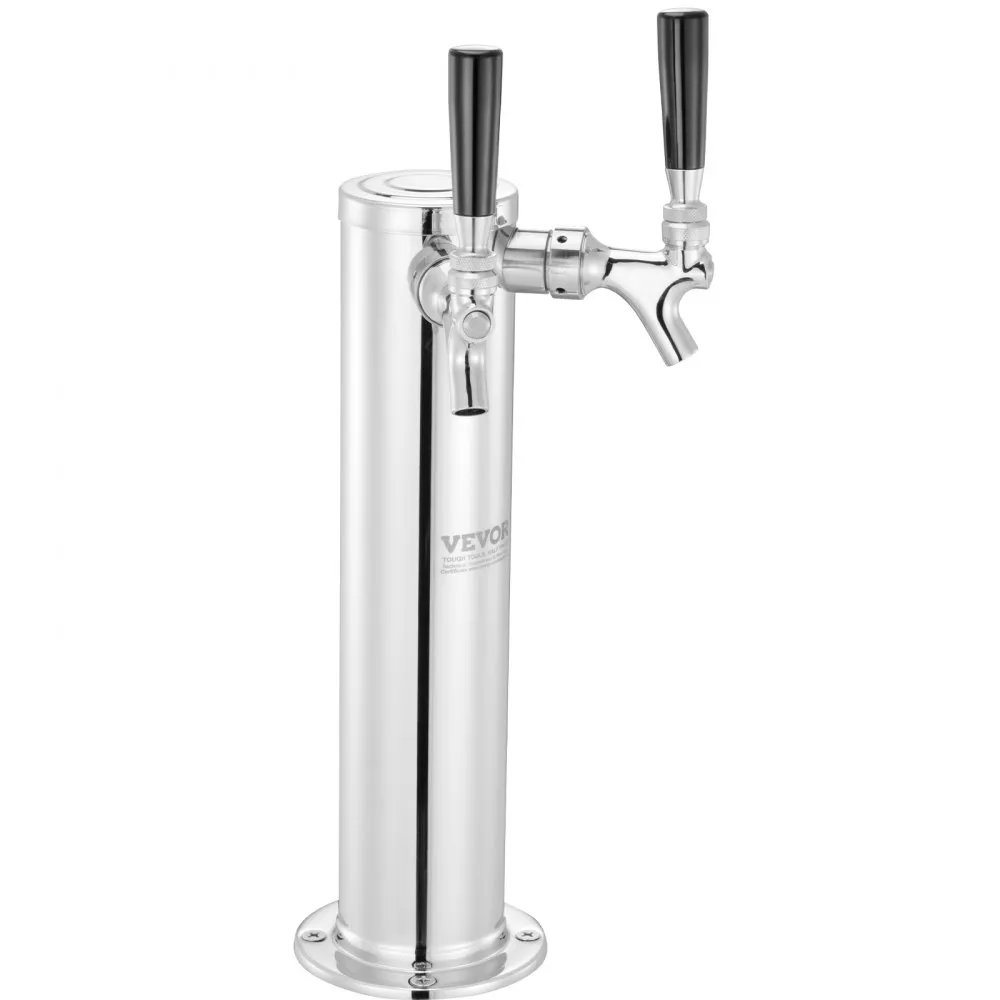 VEVOR dual taps draft beer tower with chrome finish, stainless steel body, and black tap handles.