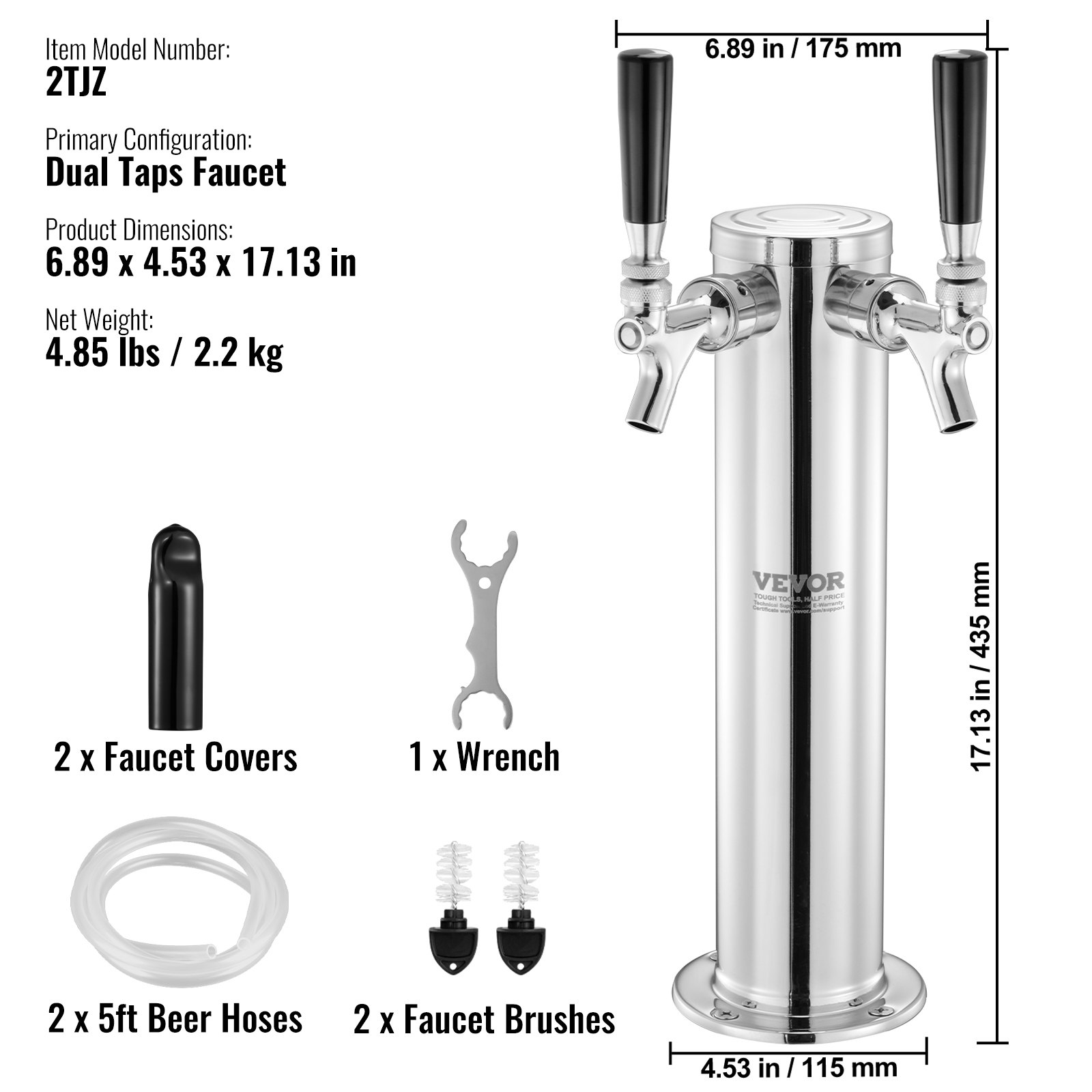 VEVOR dual taps draft beer tower, 6.89&quot; x 4.53&quot; x 17.13&quot;, with hoses, faucet covers, wrench, and brushes.