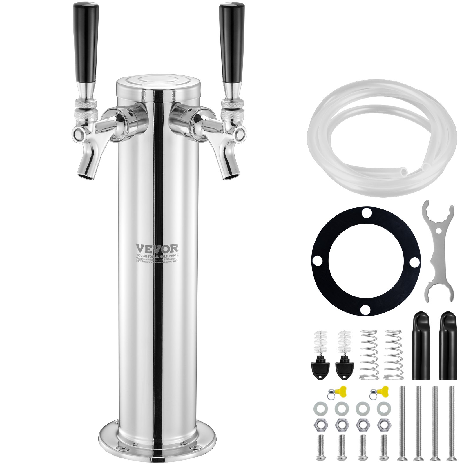 VEVOR dual taps draft beer tower with installation kit, hoses, and components.