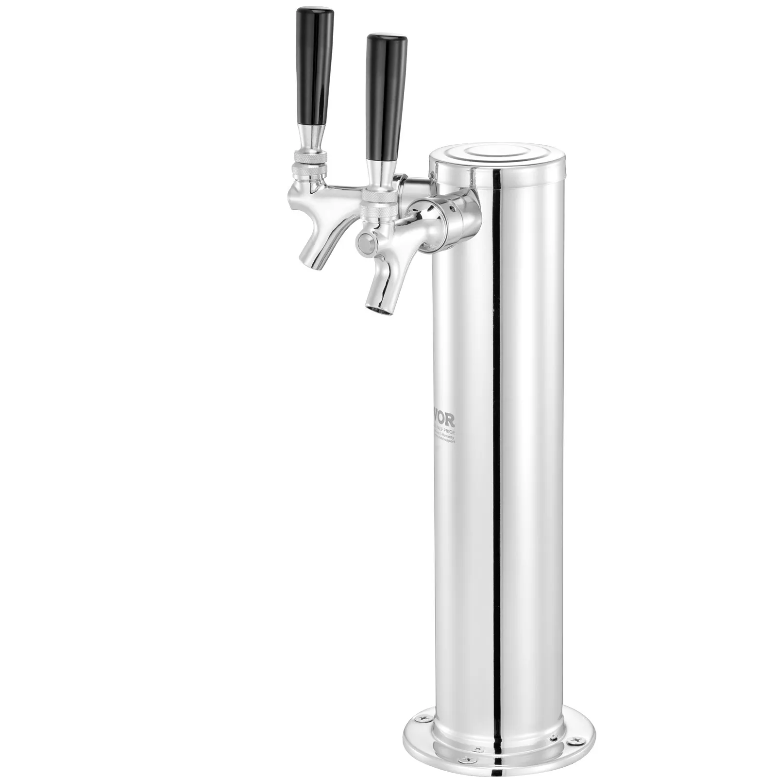 polished stainless steel VEVOR dual taps draft beer tower with black handles on a white background.