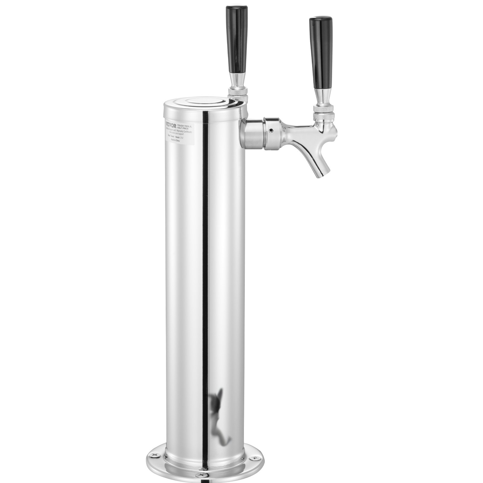 VEVOR dual taps draft beer tower with polished stainless steel body and black handles.