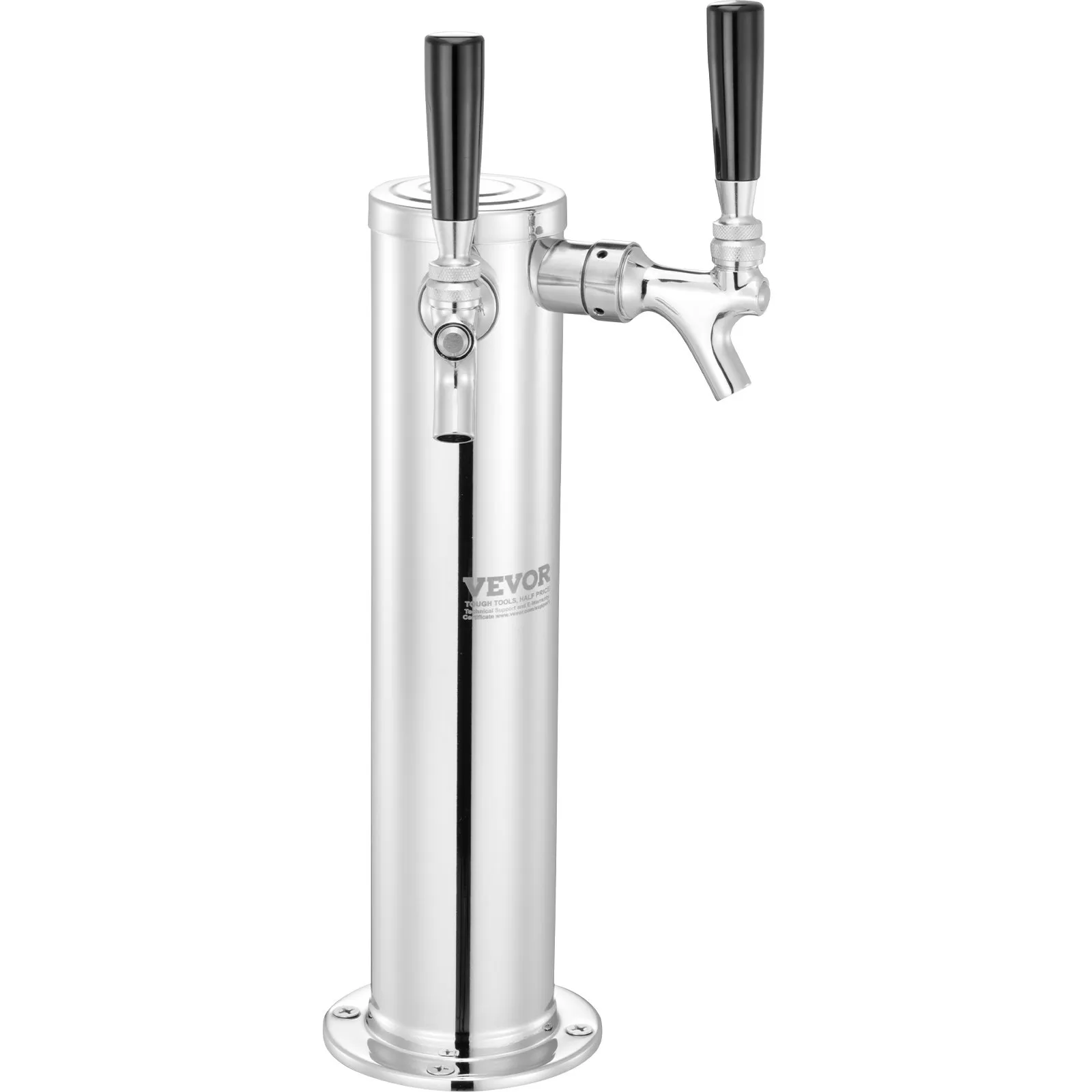 VEVOR dual taps draft beer tower with stainless steel finish and black handles.