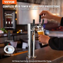 VEVOR Triple Taps Draft Beer Tower Dispenser, Stainless Steel Keg Beer Tower, Kegerator Tower Kit with Pre-Assembled Tubing and Self-Closing Faucet Shanks for Party, Bar, Pub, Restaurant