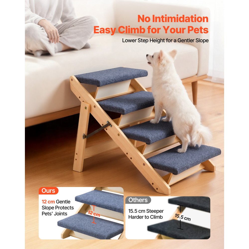 VEVOR Wood Pet Stairs, 4-Step Dog Stairs for Beds, Sofa & Cars, 68 kg Load Capacity, Floded Flat Design, Stable & Sturdy Cat & Dog Step Ladder for Small Medium Large Older Pet Puppy Essentials