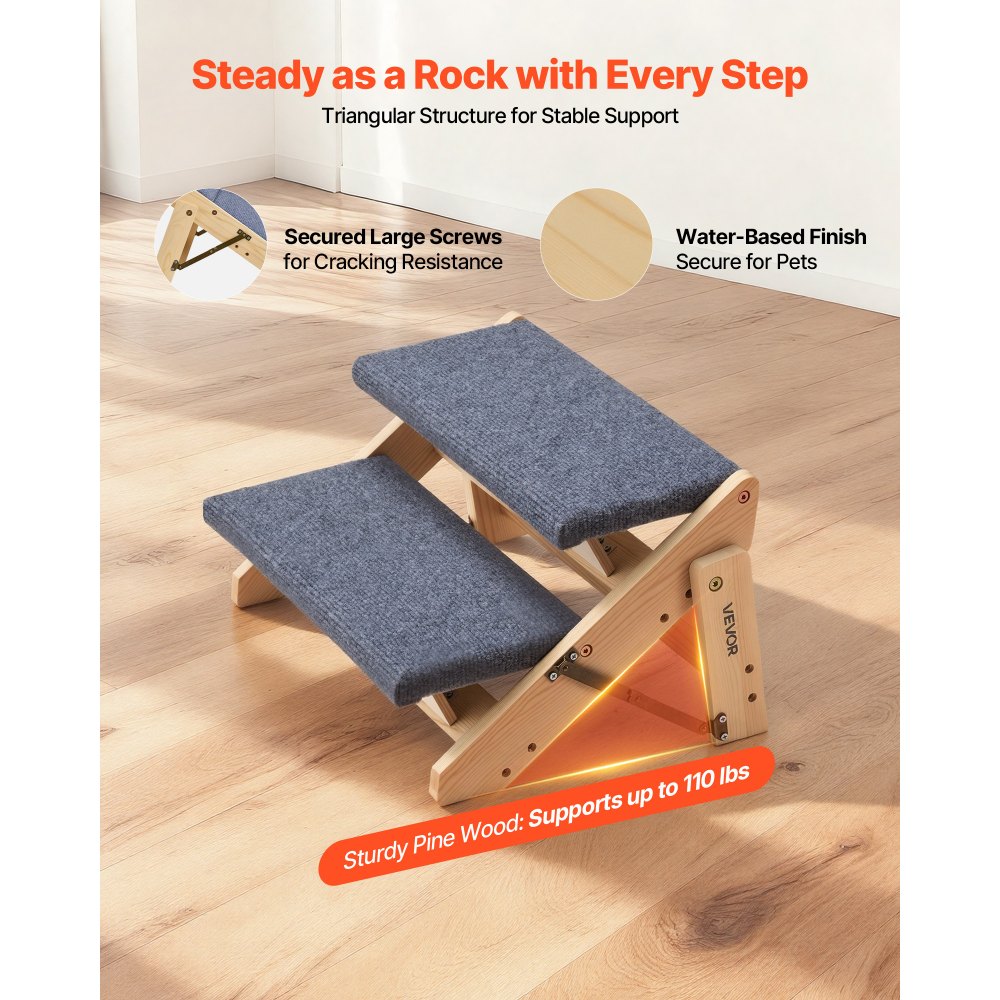 VEVOR Wood Pet Stairs, 2-Step Dog Stairs for Beds, Sofa & Cars, 50 kg Load Capacity, Floded Flat Design, Stable & Sturdy Cat & Dog Step Ladder for Small Medium Large Older Pet Puppy Essentials