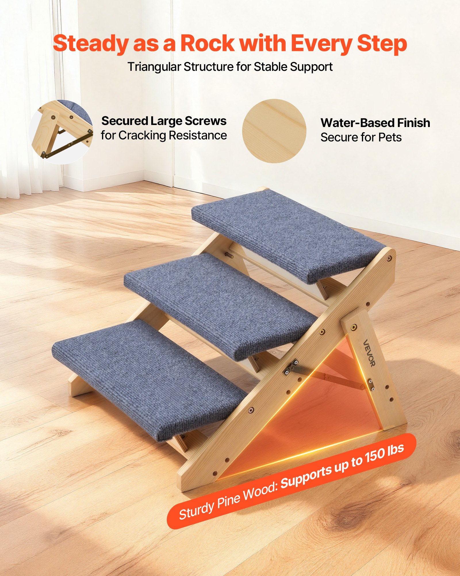 VEVOR Wood Pet Stairs, 3-Step Dog Stairs for Beds, Sofa & Cars, 68 kg Load Capacity, Floded Flat Design, Stable & Sturdy Cat & Dog Step Ladder for Small Medium Large Older Pet Puppy Essentials