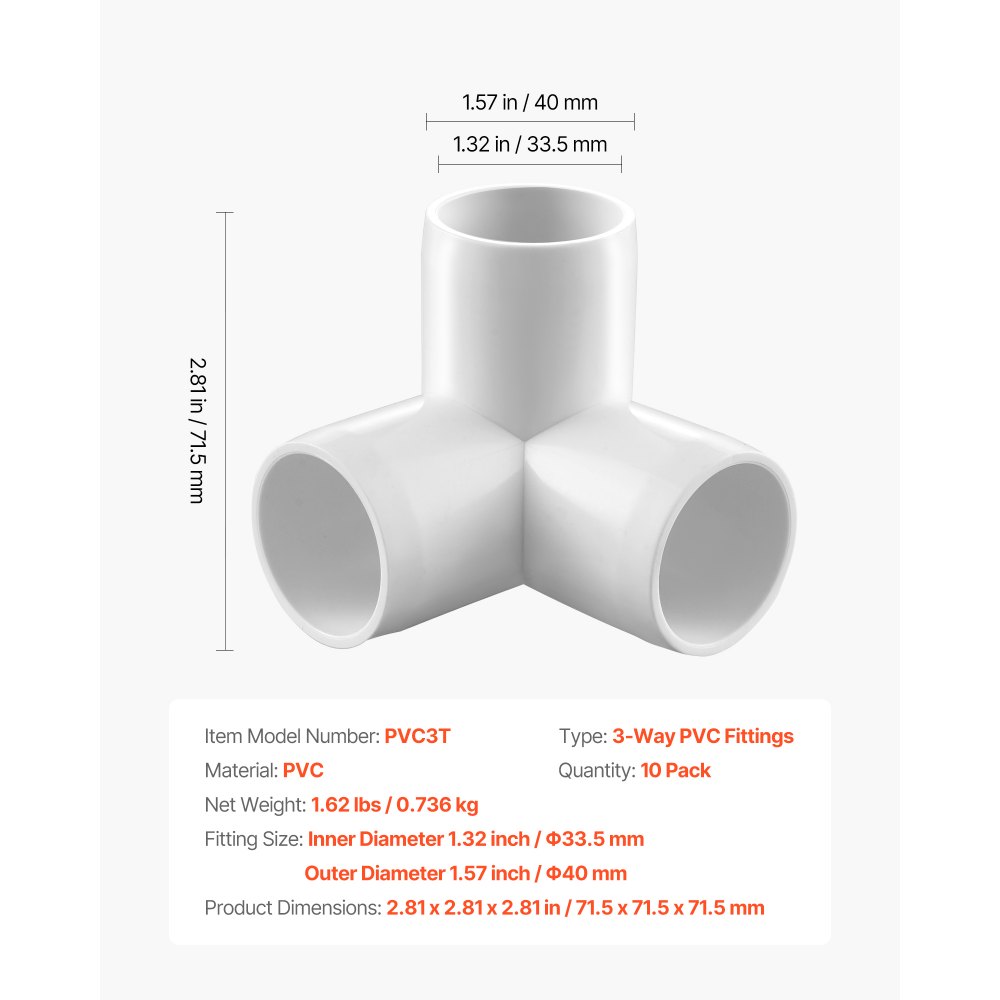 VEVOR 3-Way PVC Fittings, 1-inch PVC Pipe Joints Elbow Connector, 10-Pack Furniture Grade PVC Tee Fittings for DIY Storage Rack, Animal Cage, Pool or Garden Support Frame, Impact & Weather-Resistant