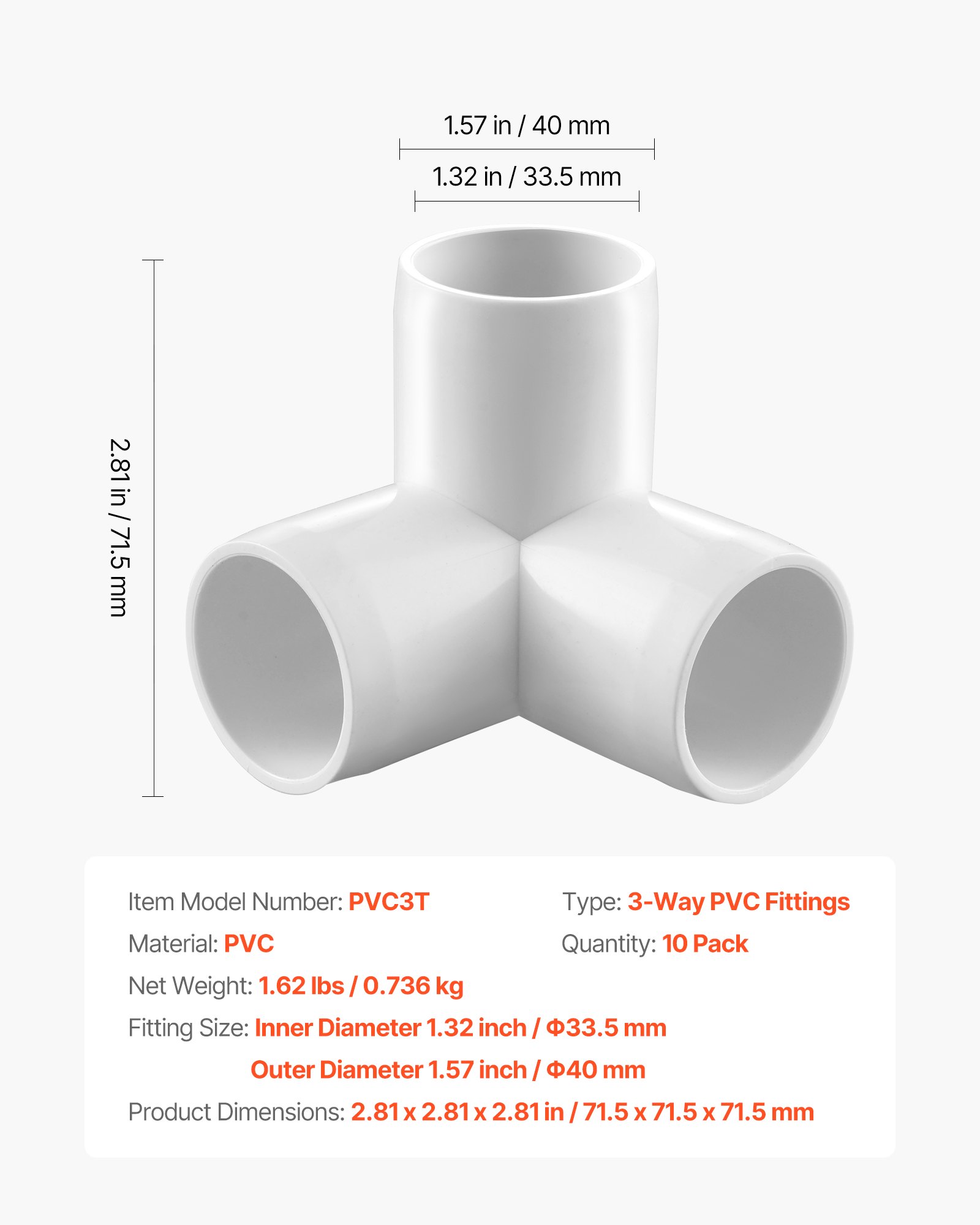 VEVOR 3-Way PVC Fittings, 1-inch PVC Pipe Joints Elbow Connector, 10-Pack Furniture Grade PVC Tee Fittings for DIY Storage Rack, Animal Cage, Pool or Garden Support Frame, Impact & Weather-Resistant