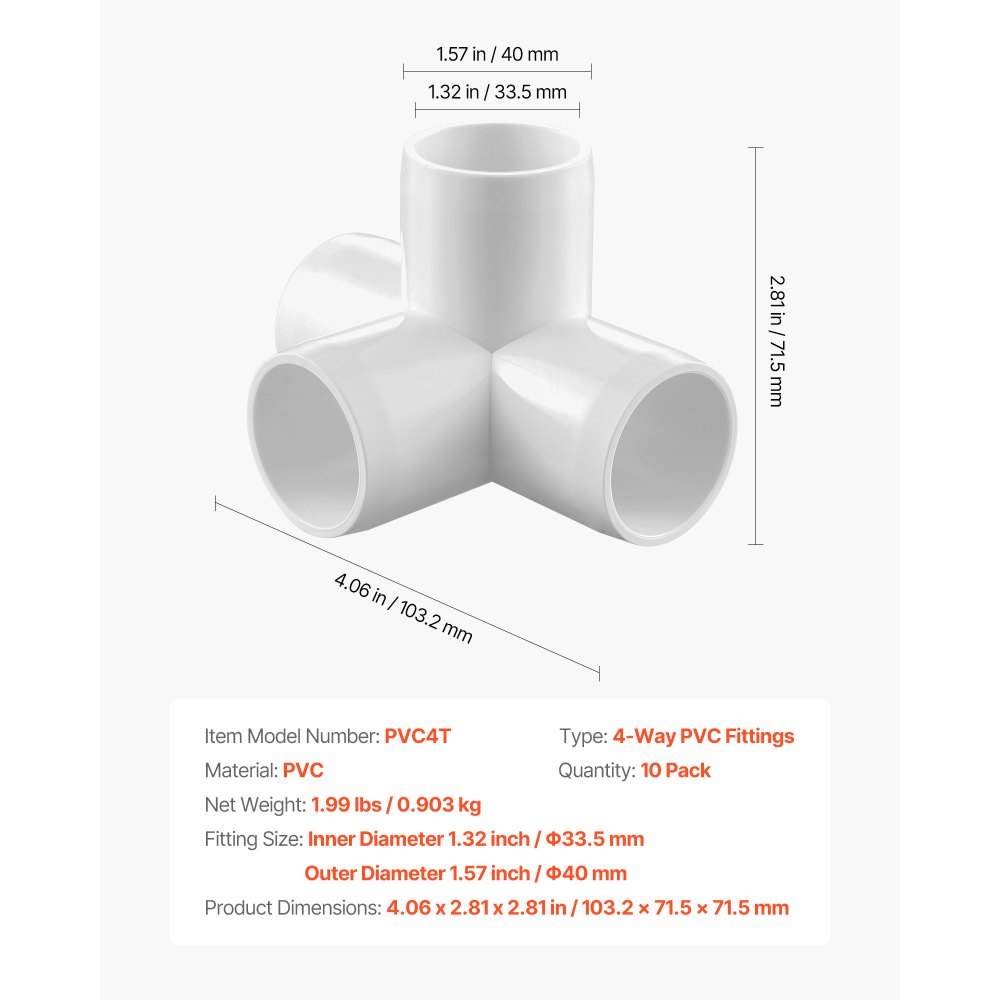 VEVOR 4-Way PVC Fittings, 1-inch PVC Pipe Joints Elbow Connector, 10-Pack Furniture Grade Pipe Corner Connectors for DIY Storage Rack, Animal Cage, Garden Support Frame, Impact & Weather-Resistant