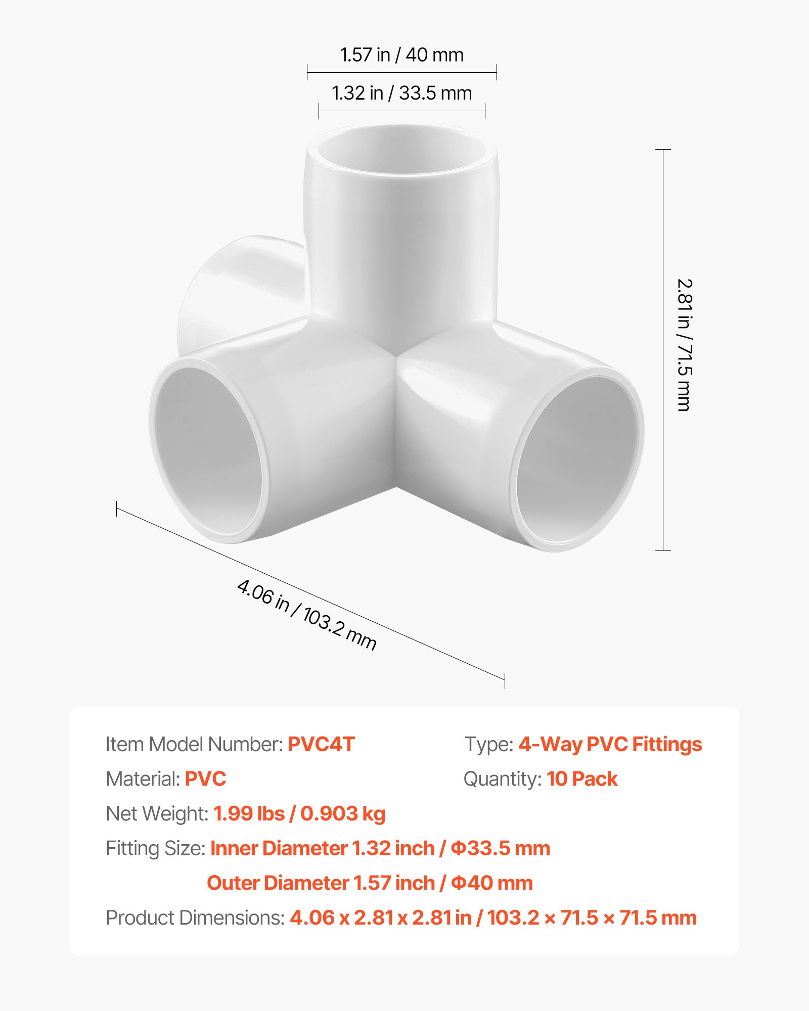 VEVOR 4-Way PVC Fittings, 1-inch PVC Pipe Joints Elbow Connector, 10-Pack Furniture Grade Pipe Corner Connectors for DIY Storage Rack, Animal Cage, Garden Support Frame, Impact & Weather-Resistant