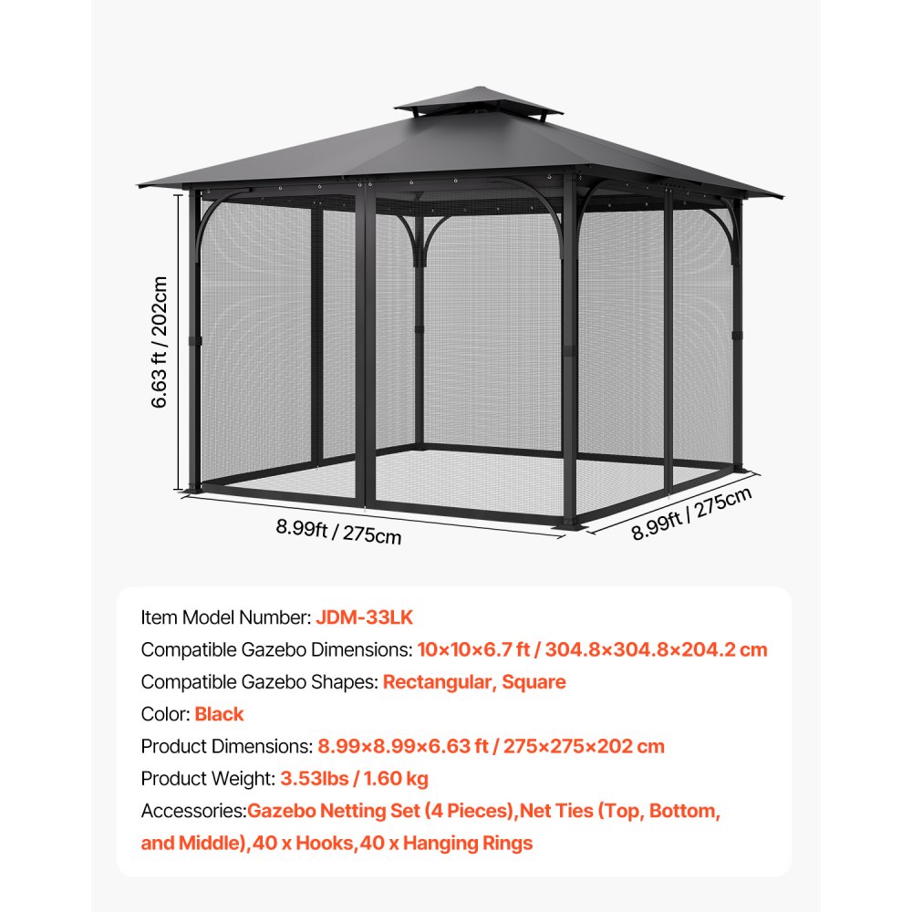 VEVOR Replacement Mesh Gazebo Netting Screen for 10x10x 6.7 ft Patio, Net Only