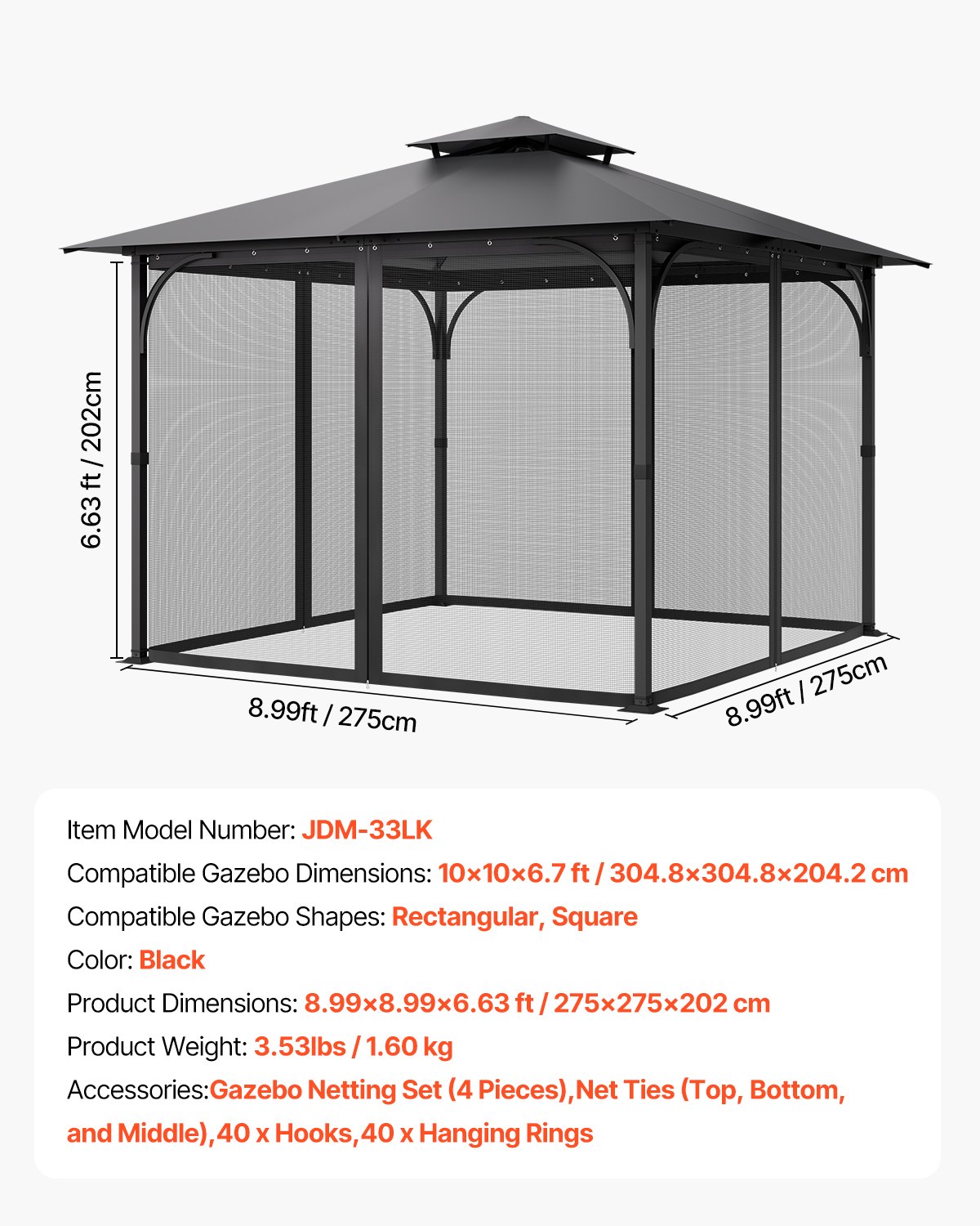 VEVOR Replacement Mesh Gazebo Netting Screen for 10x10x 6.7 ft Patio, Net Only