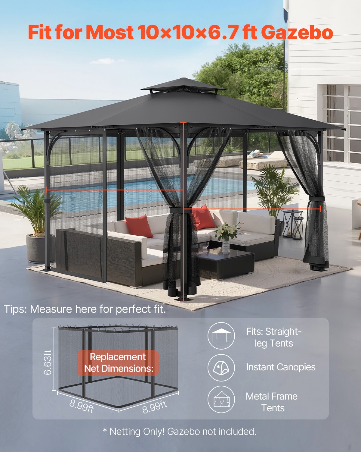 VEVOR Gazebo Netting Replacement, Fit Most 10 x 10 x 6.7 FT Gazebo Curtain, Outdoor Garden Net, 4-Panel Sidewall Mesh Net, Patio Midge Nettings with Double Zipper, Canopy Screen (Netting Only)