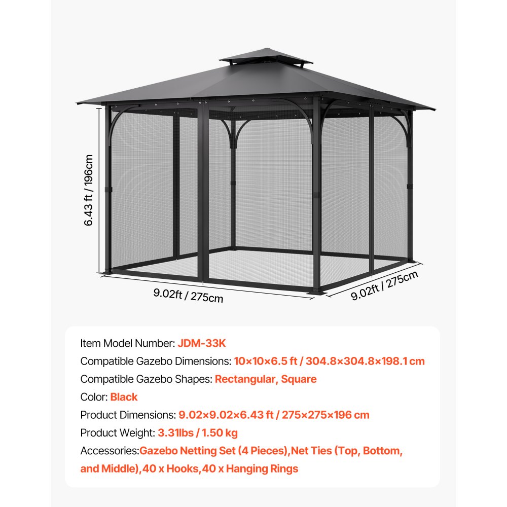 VEVOR Replacement Mesh Gazebo Netting Screen for 10x10x 6.5 ft Patio, Net Only