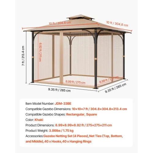 Aoodor 10x10 Ft Gazebo Replacement Mesh Netting – 4-Panel Mosquito Screen For Outdoor Patio (Gray)