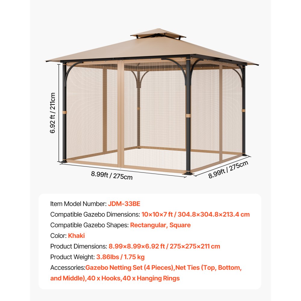 VEVOR Replacement Mesh Gazebo Netting Screen for 10x10x7 ft Patio, Net Only