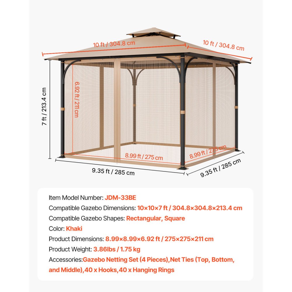 VEVOR Gazebo Netting Replacement, Fit Most 10 x 10 x 7 FT Gazebo Curtain, Outdoor Garden Net, 4-Panel Sidewall Mesh Net, Patio Midge Netting with Double Zipper, Canopy Screen (Netting Only)