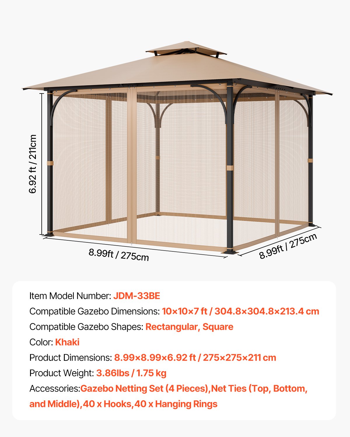 VEVOR Replacement Mesh Gazebo Netting Screen for 10x10x7 ft Patio, Net Only