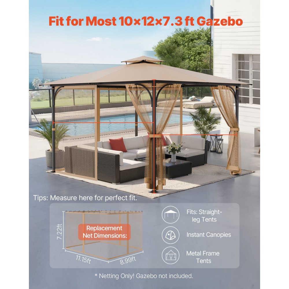 VEVOR Gazebo Netting Replacement, Fit Most 10 x 12 x 7.3 FT Gazebo, Outdoor Garden Gazebo Net, 4-Panel Sidewall Mesh Gazebo Curtain, Patio Midge Netting with Double Zipper, Canopy Screen (Netting Only)