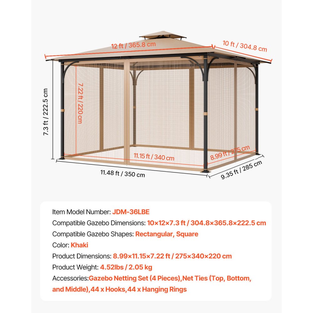 VEVOR Gazebo Netting Replacement, Fit Most 3 x 3.6 x 2.2 m Gazebo, Outdoor Garden Gazebo Net, 4-Panel Sidewall Mesh Gazebo Curtain, Patio Midge Netting with Double Zipper, Canopy Screen (Netting Only)