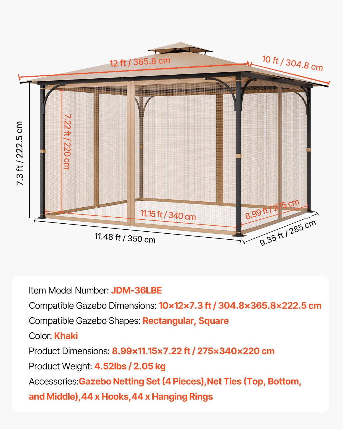 VEVOR Gazebo Netting Replacement, Fit Most 3 x 3.6 x 2.2 m Gazebo, Outdoor Garden Gazebo Net, 4-Panel Sidewall Mesh Gazebo Curtain, Patio Midge Netting with Double Zipper, Canopy Screen (Netting Only)