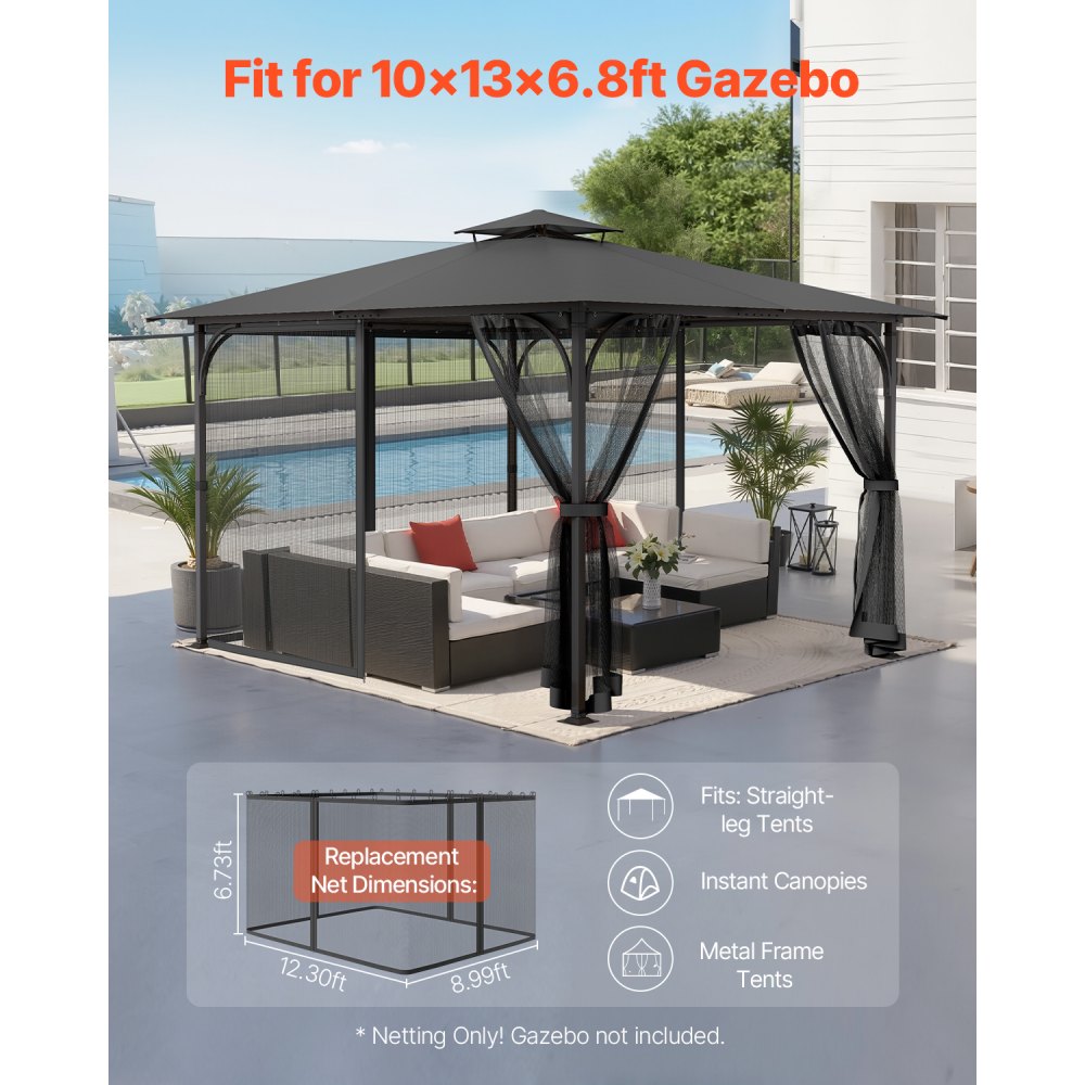 VEVOR Gazebo Netting Replacement, Fit Most 10 x 13 x 6.8 FT Gazebo Curtain, Outdoor Garden Net, 4-Panel Sidewall Mesh Net, Patio Midge Netting with Double Zipper, Canopy Screen (Netting Only)