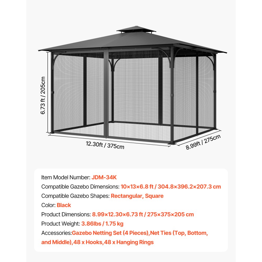 VEVOR Gazebo Netting Replacement, Fit Most 10 x 13 x 6.8 FT Gazebo Curtain, Outdoor Garden Net, 4-Panel Sidewall Mesh Net, Patio Midge Netting with Double Zipper, Canopy Screen (Netting Only)