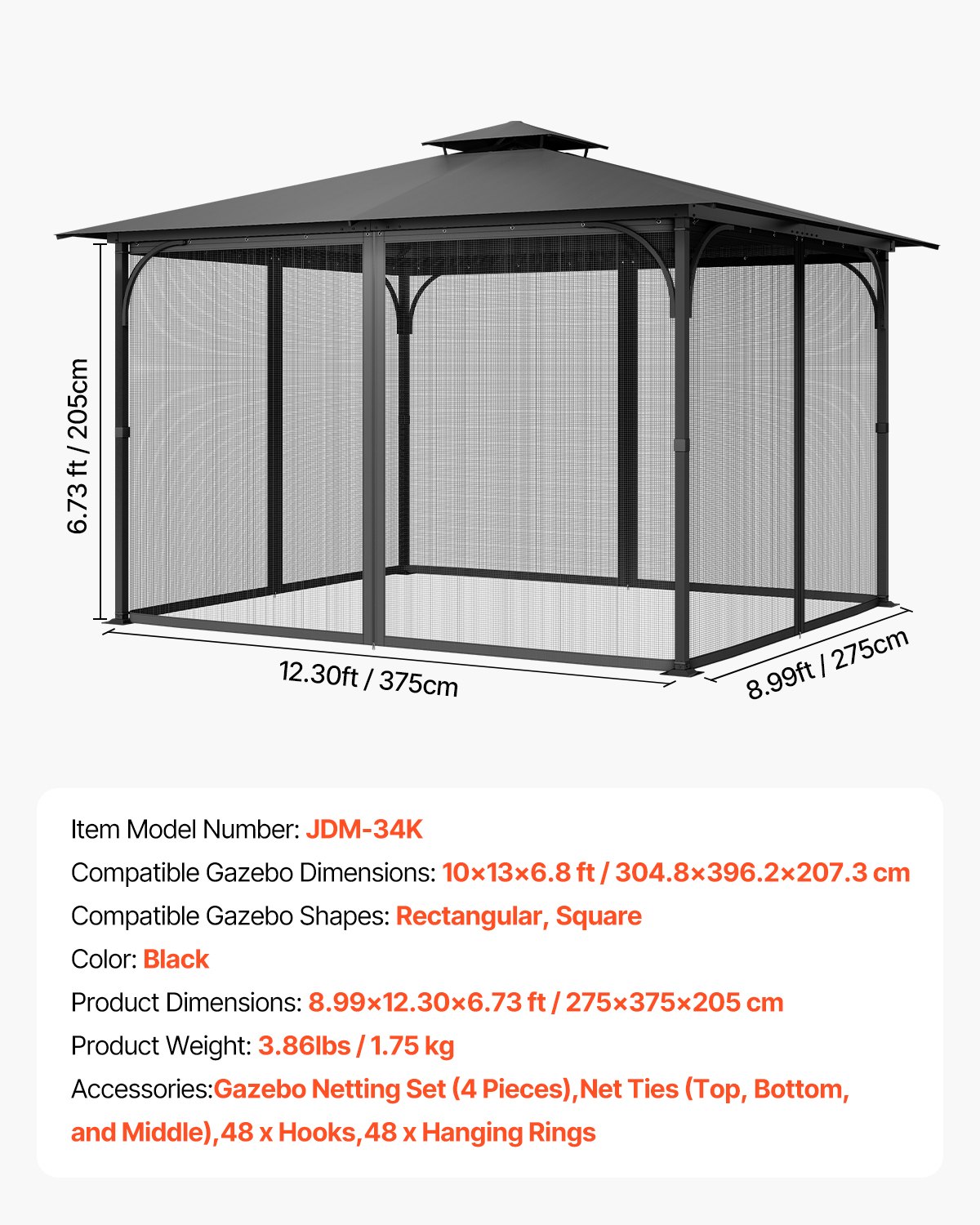VEVOR Gazebo Netting Replacement, Fit Most 10 x 13 x 6.8 FT Gazebo Curtain, Outdoor Garden Net, 4-Panel Sidewall Mesh Net, Patio Midge Netting with Double Zipper, Canopy Screen (Netting Only)