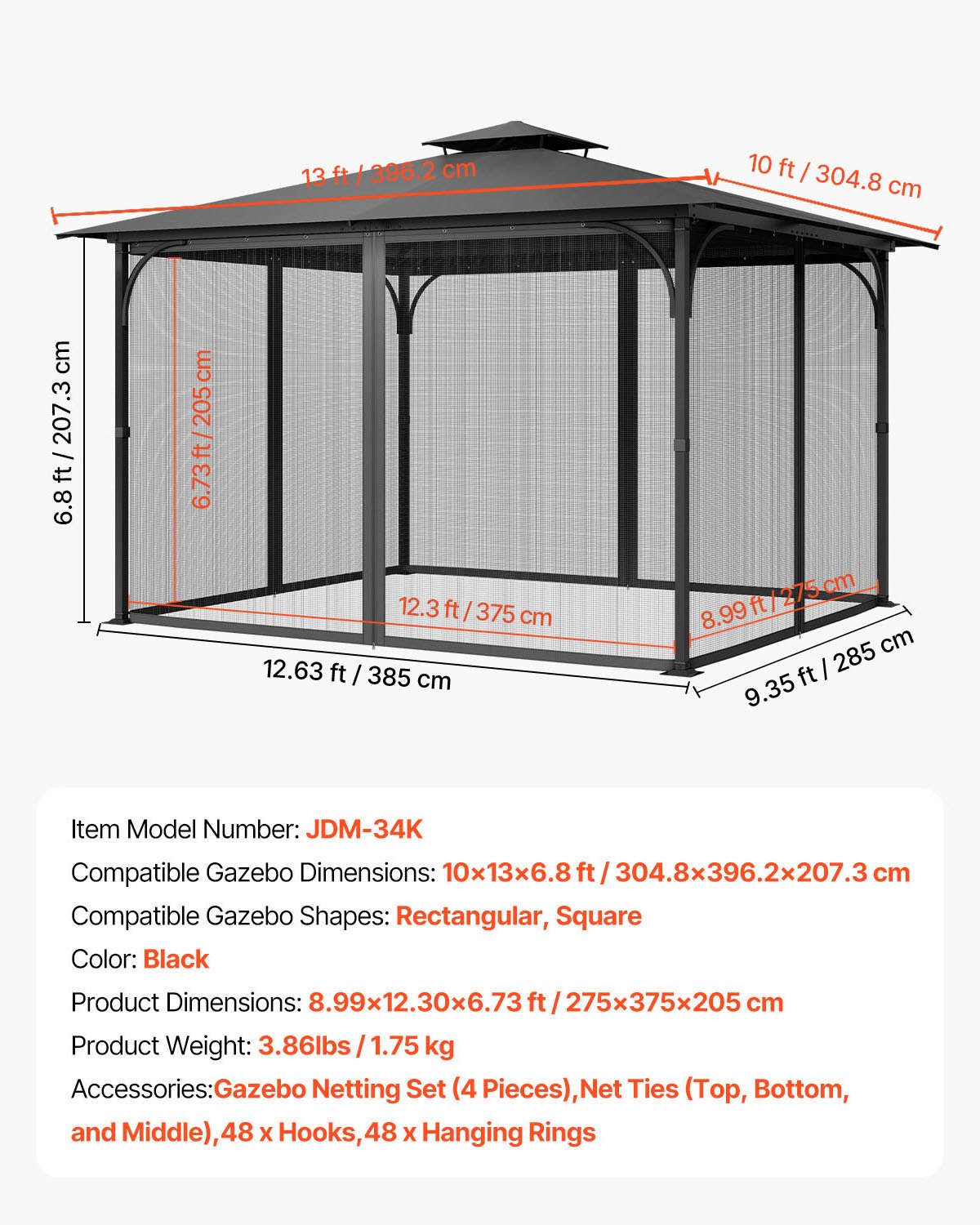 VEVOR Gazebo Netting Replacement, Fit Most 10 x 13 x 6.8 FT Gazebo Curtain, Outdoor Garden Net, 4-Panel Sidewall Mesh Net, Patio Midge Netting with Double Zipper, Canopy Screen (Netting Only)