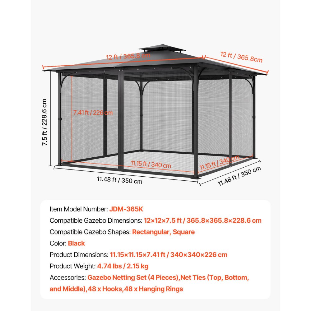 VEVOR Gazebo Netting Replacement, Fit Most 3 x 4 x 2 m Gazebo Curtain, Outdoor Garden Net, 4-Panel Sidewall Mesh Net, Patio Midge Netting with Double Zipper, Canopy Screen (Netting Only)