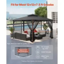 VEVOR Gazebo Netting Replacement, Fit Most 12 x 12 x 7.5 FT Gazebo Curtain, Outdoor Garden Net, 4-Panel Sidewall Mesh Net, Patio Midge Netting with Double Zipper, Canopy Screen (Netting Only)