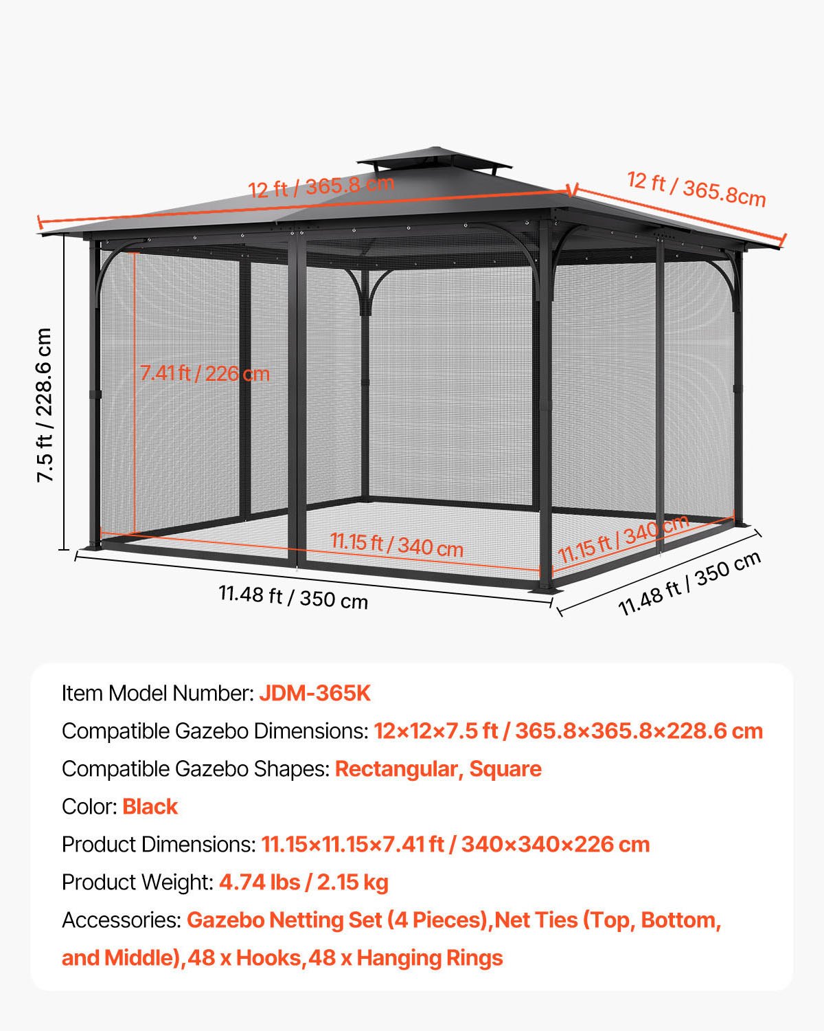 VEVOR Gazebo Netting Replacement, Fit Most 12 x 12 x 7.5 FT Gazebo Curtain, Outdoor Garden Net, 4-Panel Sidewall Mesh Net, Patio Midge Netting with Double Zipper, Canopy Screen (Netting Only)