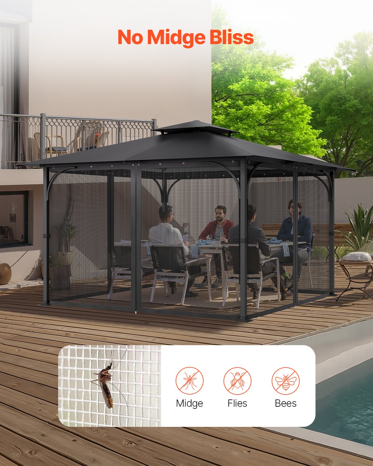 VEVOR Gazebo Netting Replacement, Fit Most 3 x 4 x 2 m Gazebo Curtain, Outdoor Garden Net, 4-Panel Sidewall Mesh Net, Patio Midge Netting with Double Zipper, Canopy Screen (Netting Only)