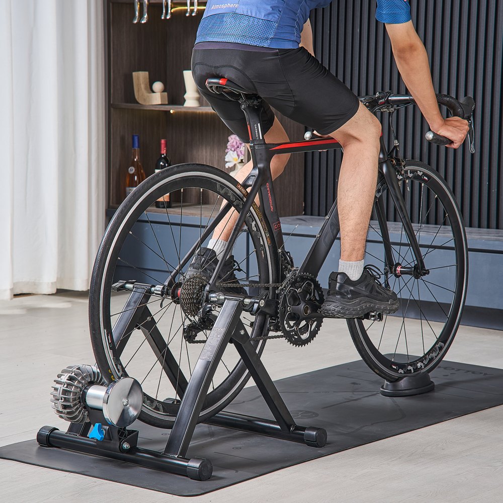 VEVOR Bike Trainer, 26-29 Inch & 700C Wheels, Foldable Fluid Bicycle Stationary Trainer Stand for Indoor Exercise Riding with Quick Release Skewer & Front Wheel Riser Block, Fits Road Bikes, Black
