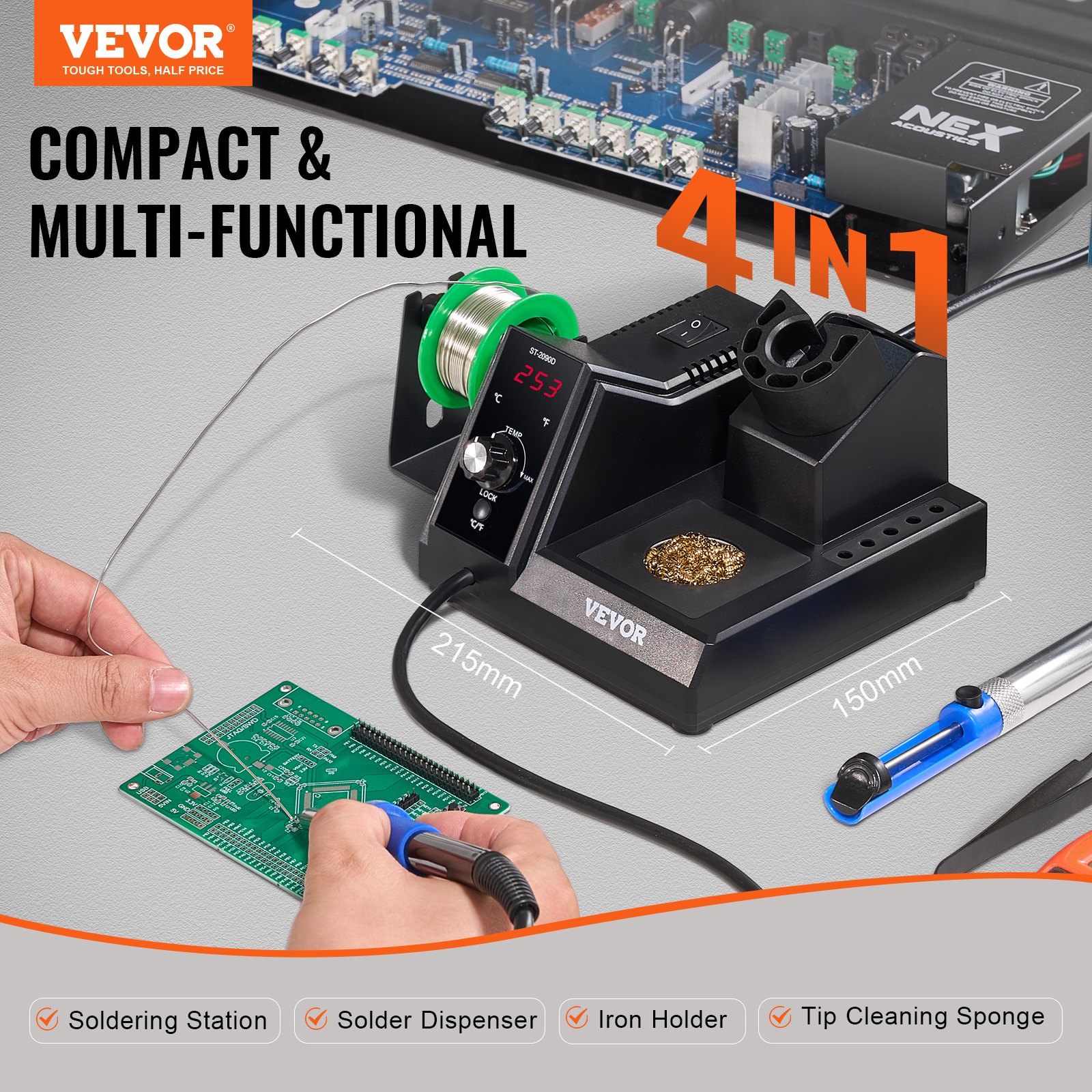 VEVOR Soldering Iron Station, 80W Digital Display Soldering Station Kit with 5 Soldering Tips, Lead-Free Solder, Solder Sucker, Tweezer, Tip Cleaner, Auto Standby & Sleep Mode, °C/°F Conversion