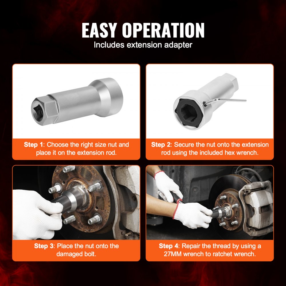 VEVOR 10-Piece Axle Spindle Thread Chaser Set, Metric M20 M22 M24 and UNF 13/16" 3/4" Thread Restorer Tool, Rethreading Tool Kit with Extension Bar, Hex Wrench, Storage Case, for Damaged Axle Spindles