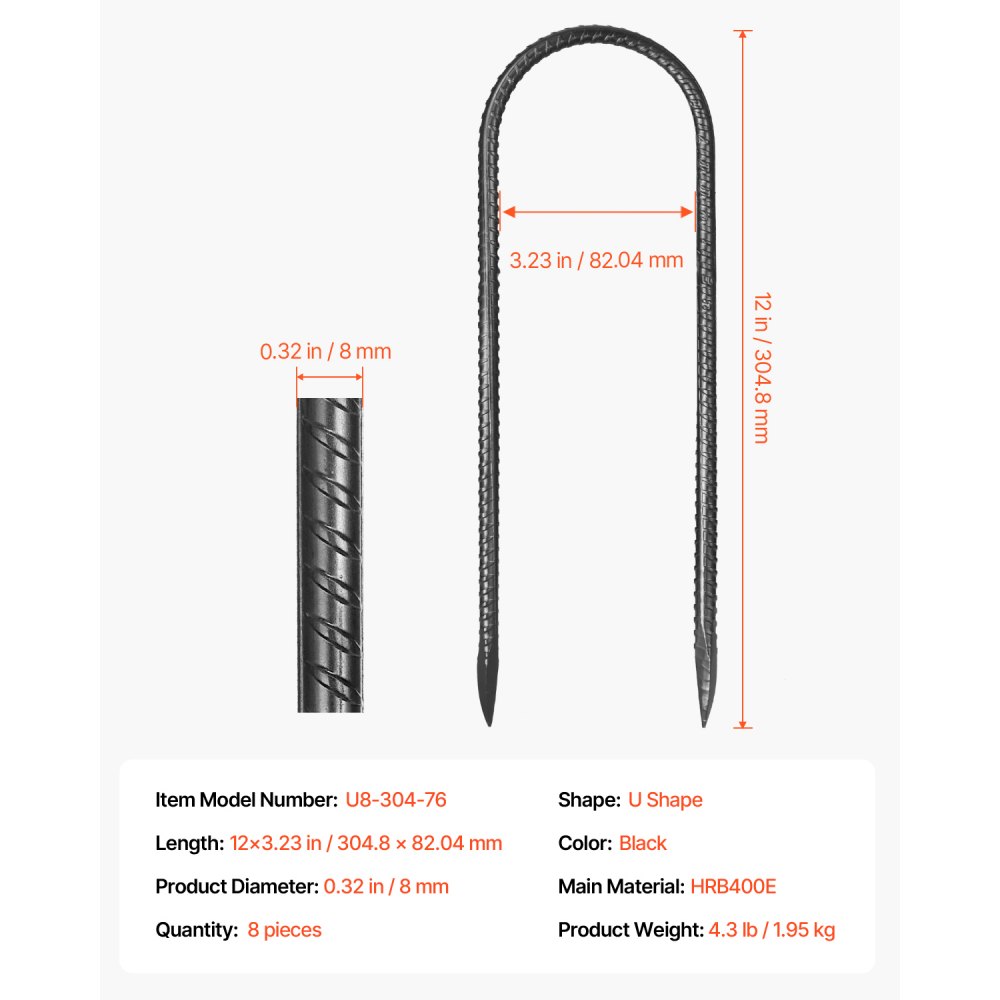 VEVOR 12-Inch 8 Pack Rebar Stakes 304,8x82,04 mm Heavy Duty U Shape Galvanized Ground Anchors